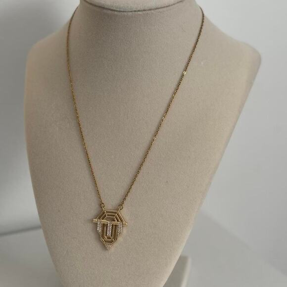 Other Jewelry - Gold Tone Geometric Pendant Necklace Clear Rhinestone Elegant Statement Jewelry
